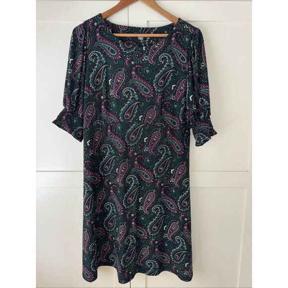 Tommy Hilfiger Dress Womens 12 Green Paisley Short Sleeve A Line Shift Stretch - Picture 1 of 13